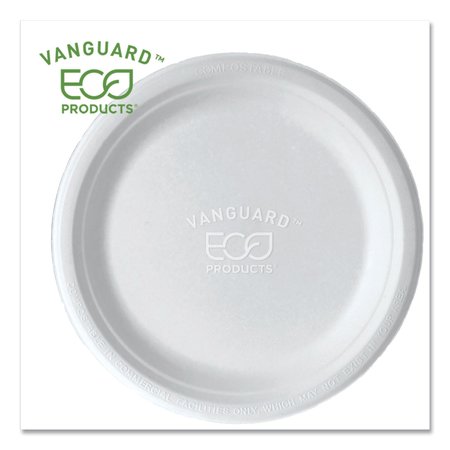 ECO-PRODUCTS Vanguard Renewable and Compostable Sugarcane Plates, 9" dia, White, PK500 PK EP-P013NFA